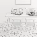 Dark Brown Wooden Dining Table Set With Chairs Coffee Pot And Decorative Painting
