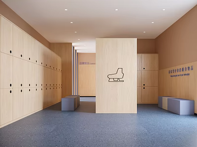Modern Locker Room With Wooden Walls Lockers Benches And Chair Icon Door 3d model