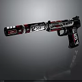 Stylish Red And Black Tactical Gun With Modern Graphic Patterns And Sleek Design On Barrel Grip