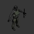 Tactical Human Character In Green Vest Helmet Camouflage Pants Holding Rifle On Gray Background