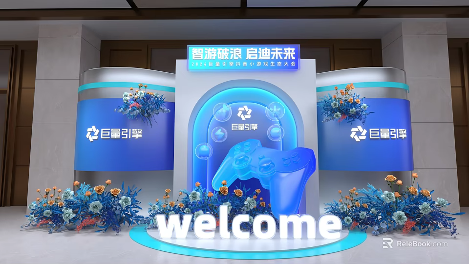 Smart Gaming Future Tech Exhibition Hall With Blue Game Controller And Flower Decorations 3d model