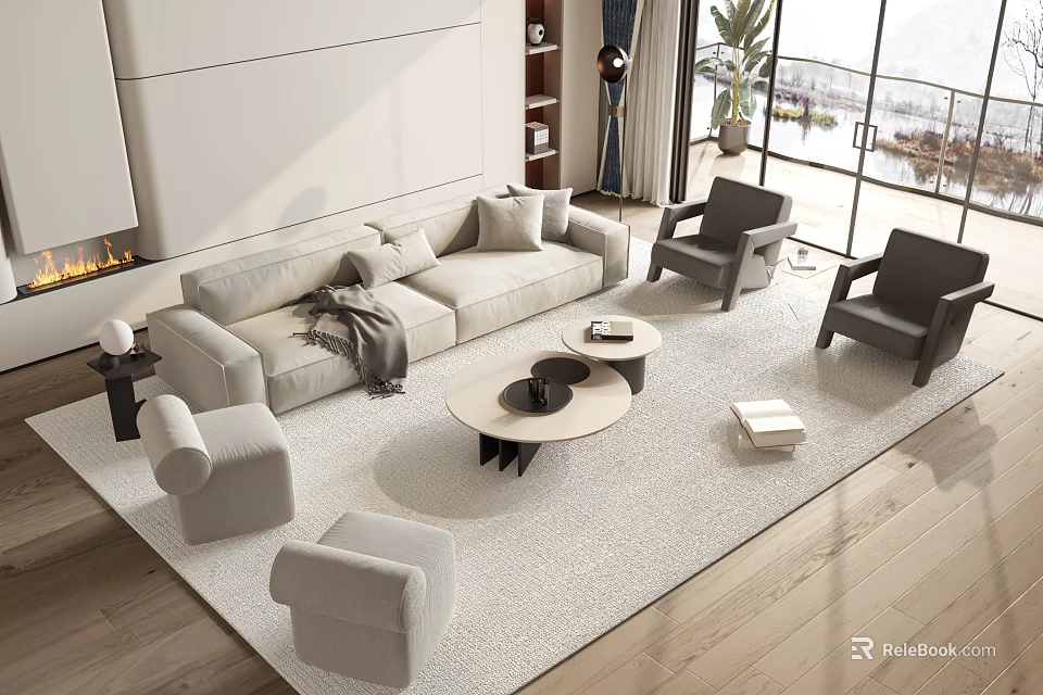 Modern Sofa and Coffee Table Set With Light Upholstery Accent Chairs Area Rug Floor Lamp 3d model 