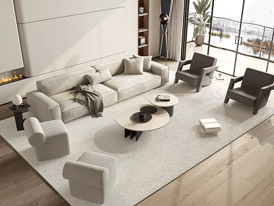 Modern Sofa and Coffee Table Set With Light Upholstery Accent Chairs Area Rug Floor Lamp 3d model