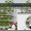 Tranquil Courtyard Garden With Circular Window Buddha Statue Bamboo And Pink Blossoms