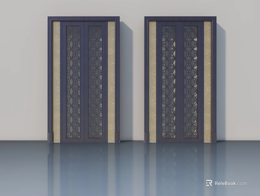 Double Dark Colored Swing Doors With Intricate Patterns And Decorative Strips On Light Walls 3d model 