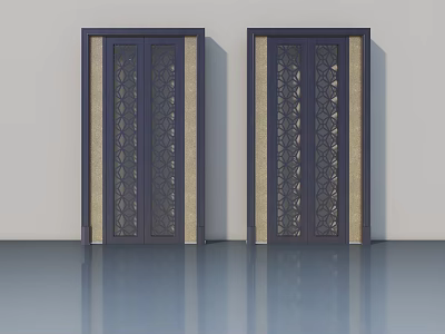 Double Dark Colored Swing Doors With Intricate Patterns And Decorative Strips On Light Walls 3d model
