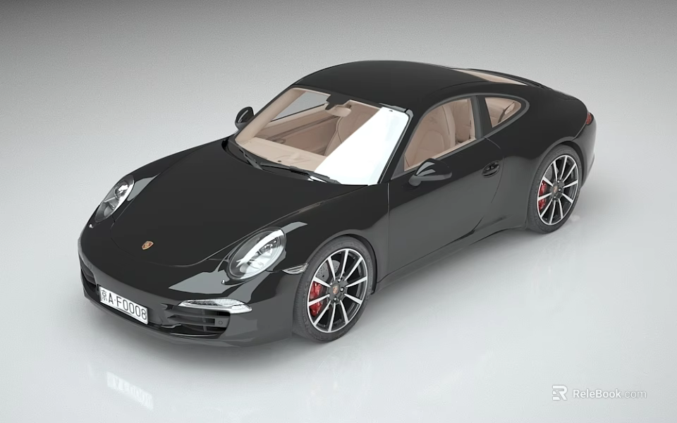 Sleek Black Porsche Two Door Sports Car With Red Rims And Light Interior 3d model 