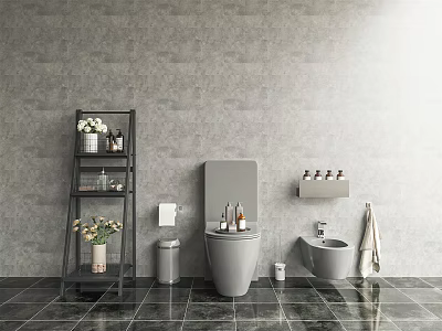 Modern Bathroom With Gray Wall Black Tiled Floor Toilet Bidet And Black Shelf With Toiletries 3d model