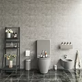 Modern Bathroom With Gray Wall Black Tiled Floor Toilet Bidet And Black Shelf With Toiletries
