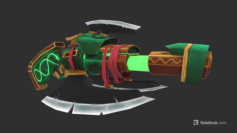 Green Glowing Fantasy Weapon With Red Accents And Wooden Metal Components 3d model 