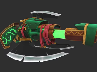 Green Glowing Fantasy Weapon With Red Accents And Wooden Metal Components 3d model