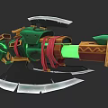 Green Glowing Fantasy Weapon With Red Accents And Wooden Metal Components
