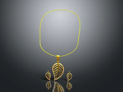 Elegant Golden Leaf Pendant Necklace With Matching Leaf Earrings Set Design 3d model
