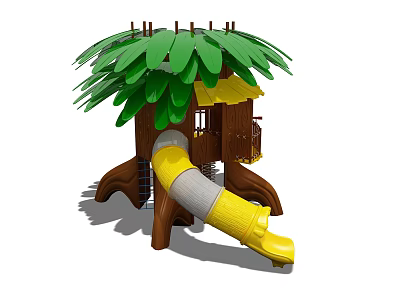 Tree House Themed Play Equipment with Green Leaf Canopy Yellow Slide and Wooden Structure 3d model