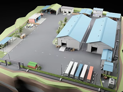 Industrial Factory Complex Featuring Multiple Blue Roof Buildings Parking Area Trucks And Greenery 3d model