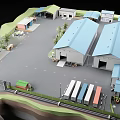Industrial Factory Complex Featuring Multiple Blue Roof Buildings Parking Area Trucks And Greenery