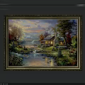 Landscape Painting With Golden Frame Cabin Stream Lake Mountains And Sunset Sky