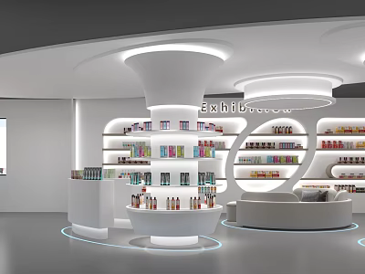 Modern Luxury Cosmetics Store With White Curved Shelves Round Display Stand And White Sofa 3d model