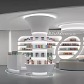 Modern Luxury Cosmetics Store With White Curved Shelves Round Display Stand And White Sofa