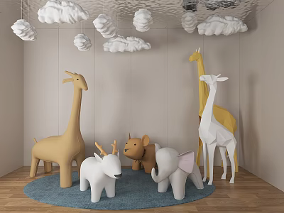 Cute Dolls Featuring Giraffe Deer Elephant Bear With Cloud Ceiling Decorations Blue Carpet Wooden Floor 3d model