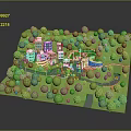 3D Miniature Green Landscape with Trees White Buildings Roads and Circular Design