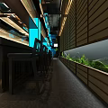 Modern Japanese Restaurant Interior With Stylish Blue Lighting And Wooden Dining Tables