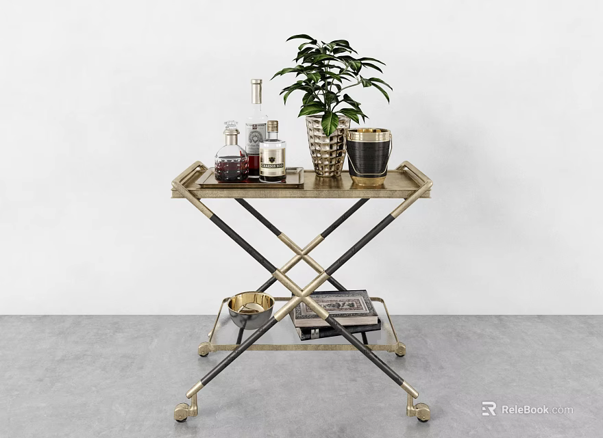 Stylish Gold Frame Serving Cart With Potted Plant Glass Bottles And Magazines 3d model 
