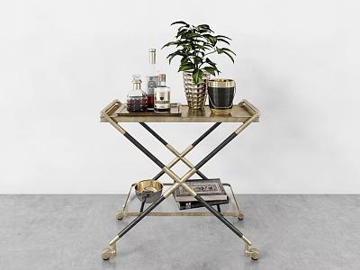 Stylish Gold Frame Serving Cart With Potted Plant Glass Bottles And Magazines 3d model