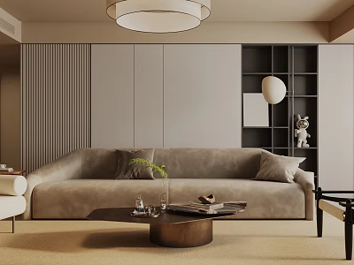 Modern Living Room Interior with Beige Sofa Round Coffee Table Chandelier and Bookshelf 3d model
