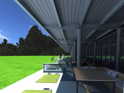 Outdoor Covered Sports Fitness Area With Green Grass And Rest Seating 3d model