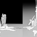 Architectural Components Of Famous Building Models With Windmill And Tower Structures On World Map Base 3d model
