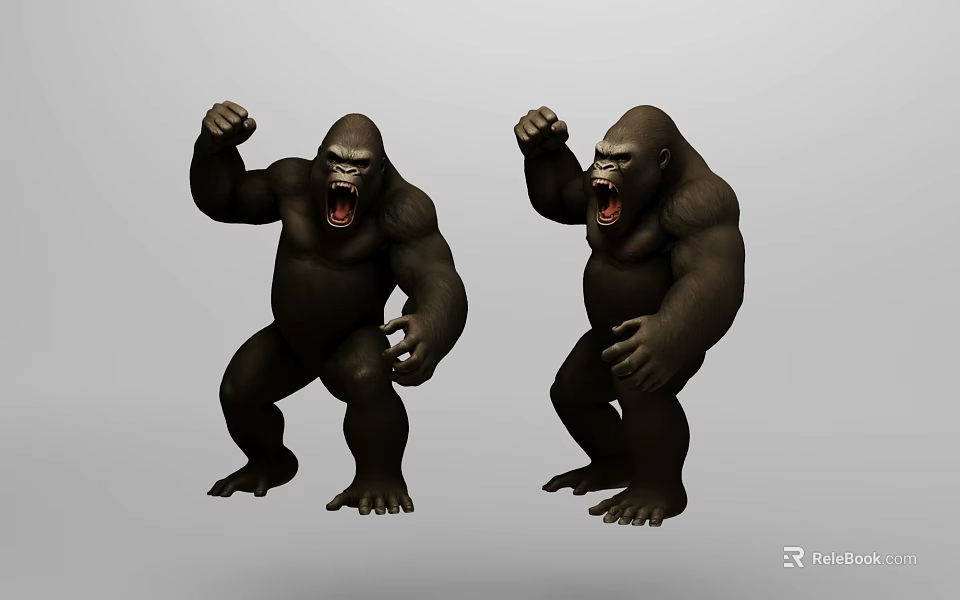 Black Gorilla Models Roaring With Raised Fists And Open Hands In Similar Poses 3d model 