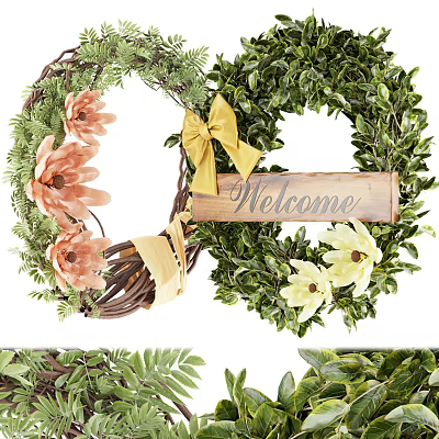Decorative Door Hanging Wreath With Yellow Bow Welcome Sign Green Leaves And Flowers 3d model