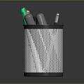 Practical Metal Mesh Pen Holder With Green Red Silver Pens On Dark Surface 3d model