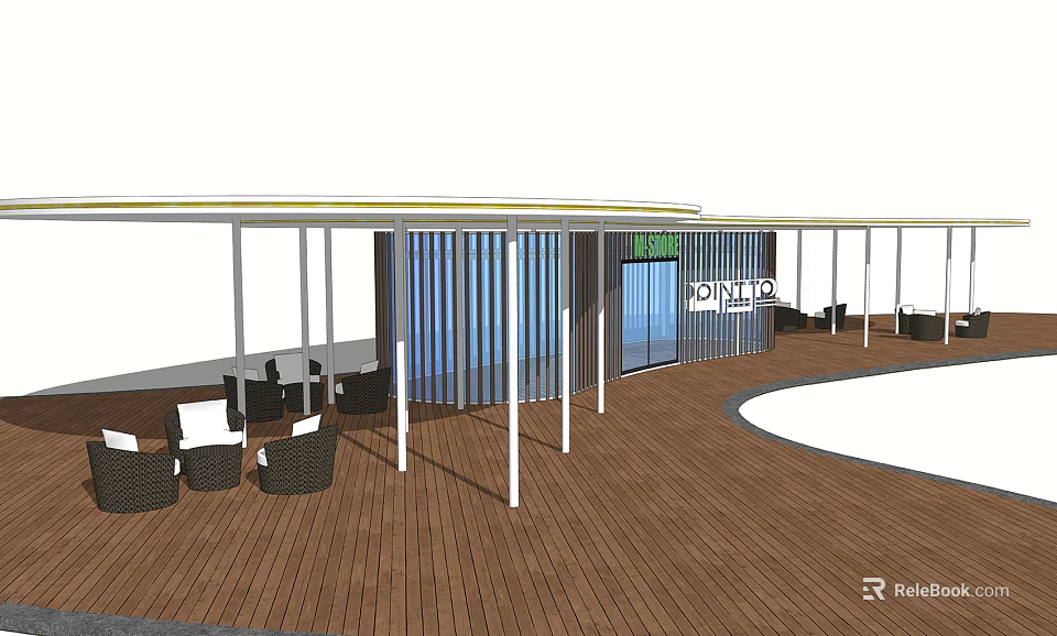 Outdoor Pergola Design With Curved Roof White Pillars Blue Striped Walls And Wooden Deck 3d model 