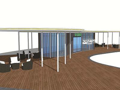 Outdoor Pergola Design With Curved Roof White Pillars Blue Striped Walls And Wooden Deck 3d model