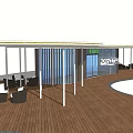 Outdoor Pergola Design With Curved Roof White Pillars Blue Striped Walls And Wooden Deck