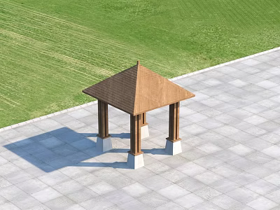 Wooden Roof Pergola With Columns And Stone Bases On Green Lawn And Paved Ground 3d model