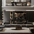 Modern Dining and Living Room Interior With Large Sofa Coffee Table And TV Wall