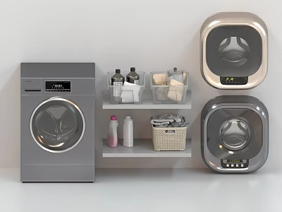 Modern Washing Machines in Laundry Room Setup with Cleaning Supplies and Storage Baskets 3d model