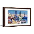 Colorful Harbor Landscape Painting With Boats Dock And Coastal Buildings Under Blue Sky