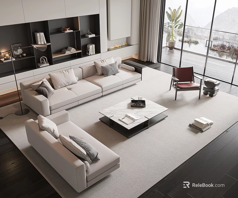 Modern Living Room Sofa Coffee Table Set With Accent Chair Potted Plant And Large Windows 3d model 