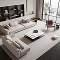 Modern Living Room Sofa Coffee Table Set With Accent Chair Potted Plant And Large Windows