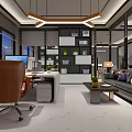 Modern Public Office Space With Desks Computers Sofa Seating Marble Flooring And Decorative Paintings