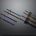 Colorful Decorative Swords with Vibrant Blades and Ornate Metallic Hilts