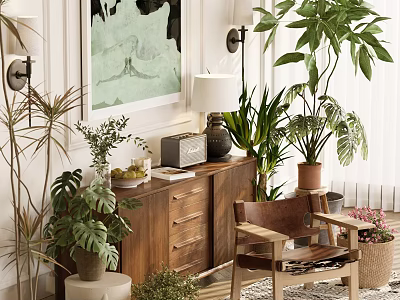 Stylish Wooden Console Table In Entryway With Green Plants Decorative Chair And Decor Items 3d model