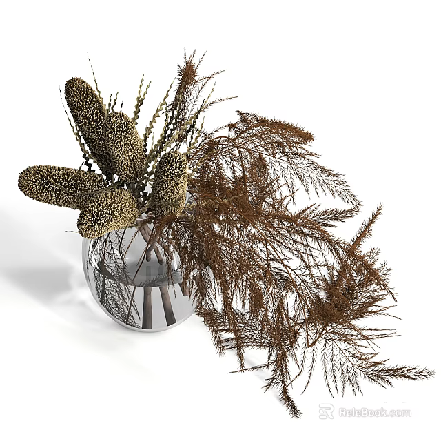Natural Style Decorative Ornament Set With Transparent Glass Vase And Dried Pampas Grass 3d model 
