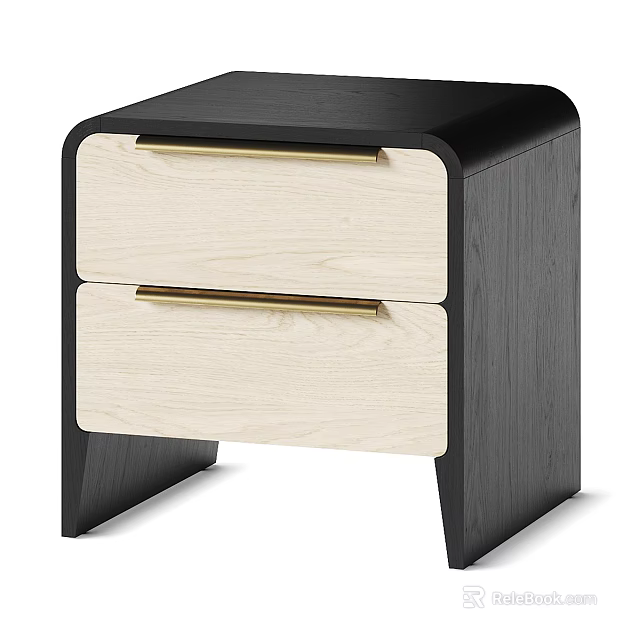 Modern Black Bedside Table With Two Light Wood Drawers And Gold Handles 3d model 