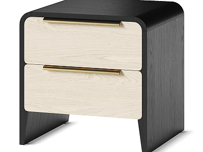 Modern Black Bedside Table With Two Light Wood Drawers And Gold Handles 3d model