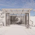 Traditional Chinese Courtyard Entrance with Black Lattice Gate Circular Windows Stone Path and Plants